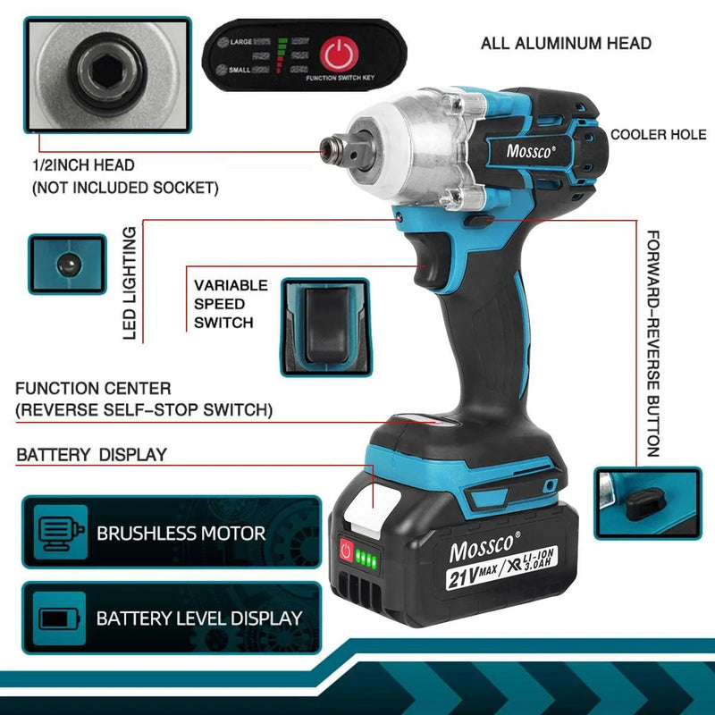 380N.M Brushless Cordless Electric Impact Wrench 1/2 inch Power Tools 15000mAh Li Battery Compatible Makita 18V Battery