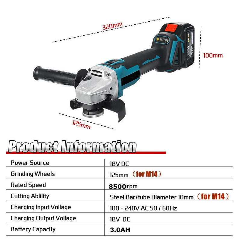 Esmerilhadeira Lixadeira Angular Elétrica sem Fio 125mm - 4 Velocidades, Bateria correspondente a Bateria Makita