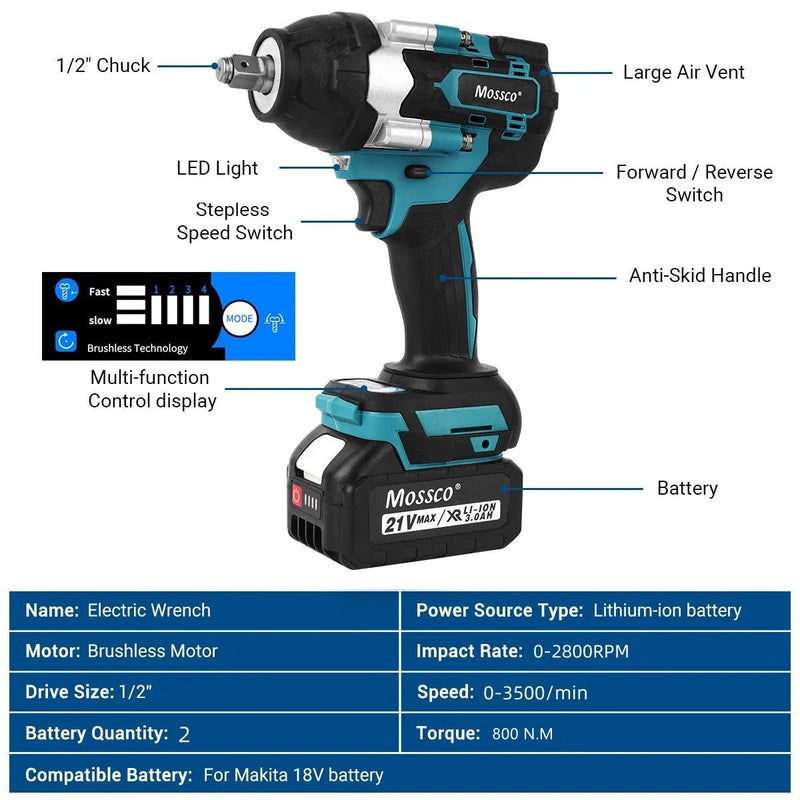 800N.M Torque Brushless Electric Impact Wrench with 588VF Battery 1/2" Cordless Wrench Power Tool For Makita 21V Battery