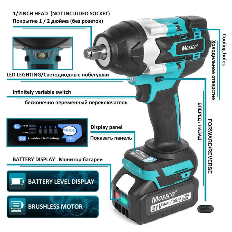 800N.M Torque Brushless Electric Impact Wrench with 588VF Battery 1/2" Cordless Wrench Power Tool For Makita 21V Battery